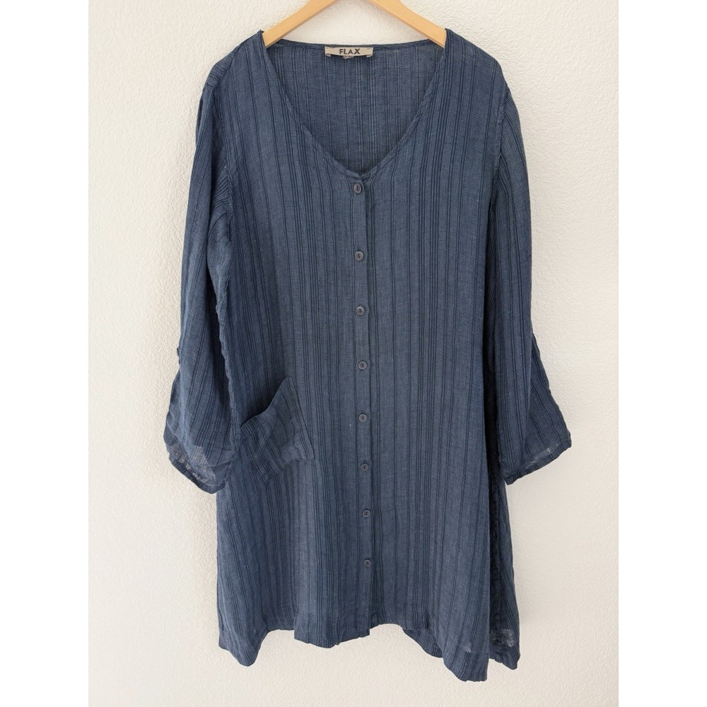 Flax Jeanne Engelhart 100% Linen Shirt Dress Medium? Blue Striped Button Pocket